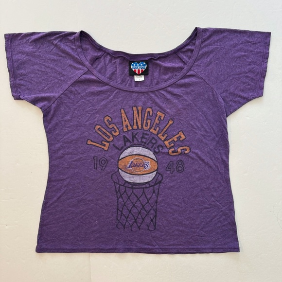 Junk Food Clothing Tops - Junk Food Los Angeles Lakers 1948 Net Logo Off-Shoulder T-Shirt